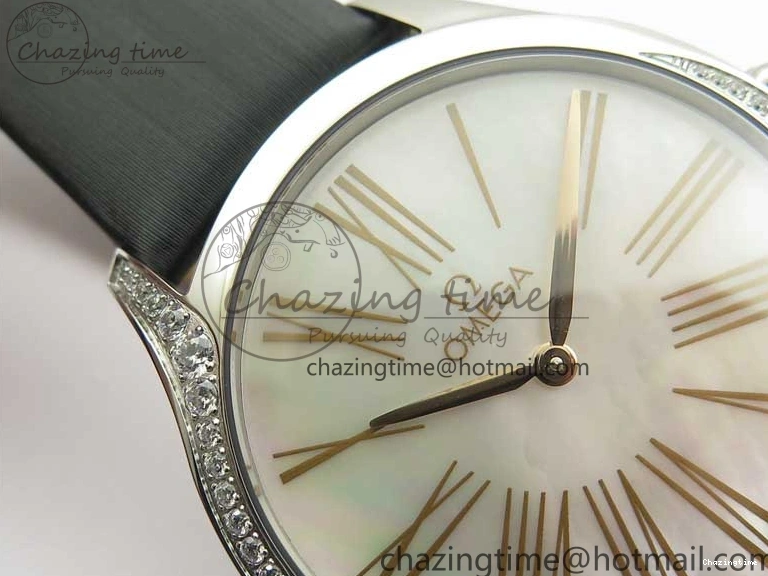 0420 StreetReady Ladies’ De Ville Trésor Diamond SS 3AF 1:1 Best Edition White MOP Dial RG Markers On Black Fabric strap Swiss Quartz 7884